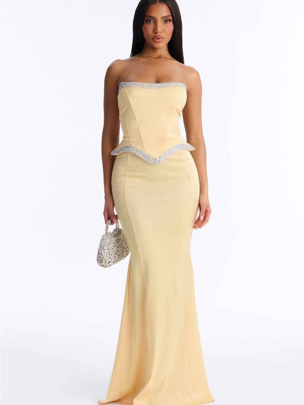 Fashion Nova Strapless Pale Yellow Mermaid Gown with Crystal Trim